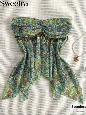 Strapless Green Paisley Handkerchief-Hem Camisole